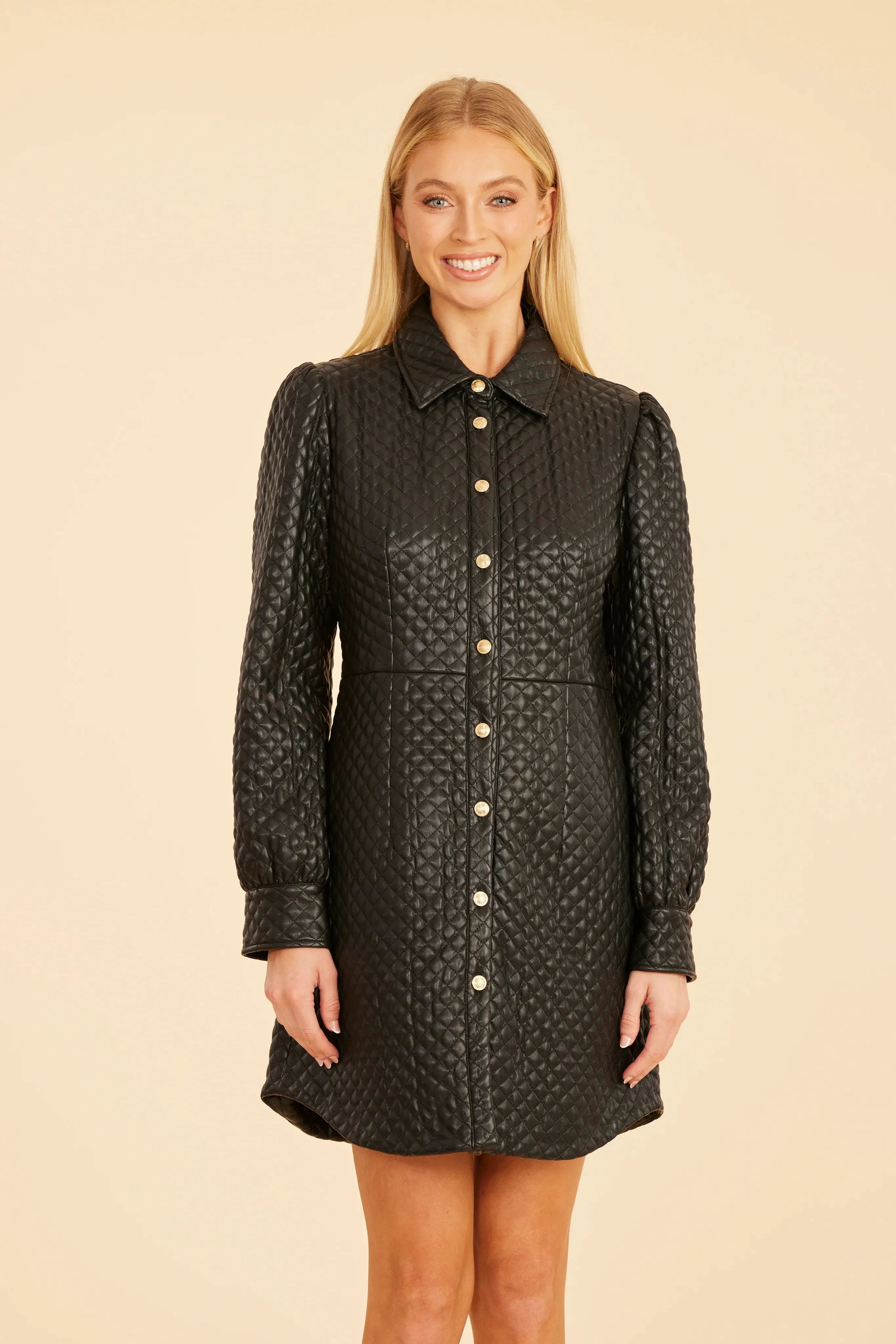DC Quilted Vegan Leather Long Sleeve Dress, Black