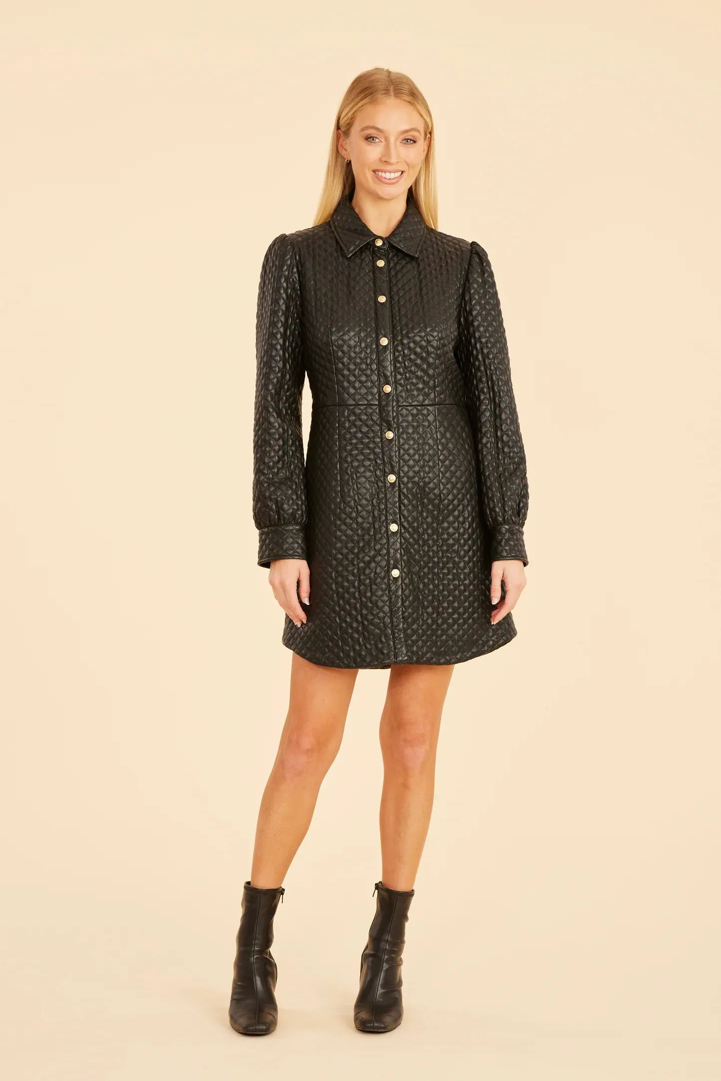 DC Quilted Vegan Leather Long Sleeve Dress, Black