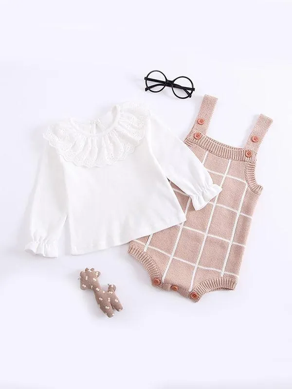 Double-layers Jacquard Thickened Plaid Bodysuit Baby Suspender Romper