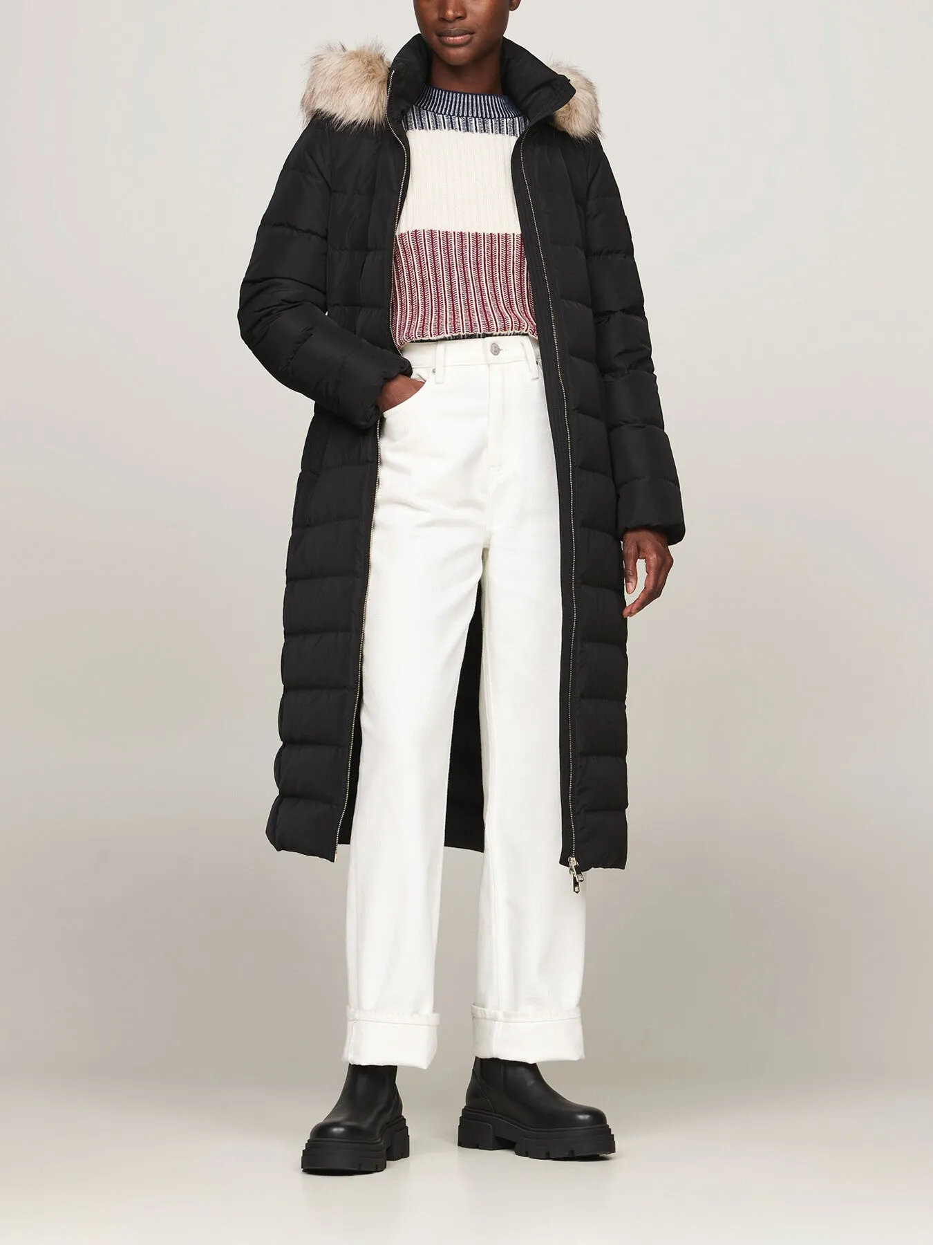 Down Fur-Trim Hooded Maxi Coat