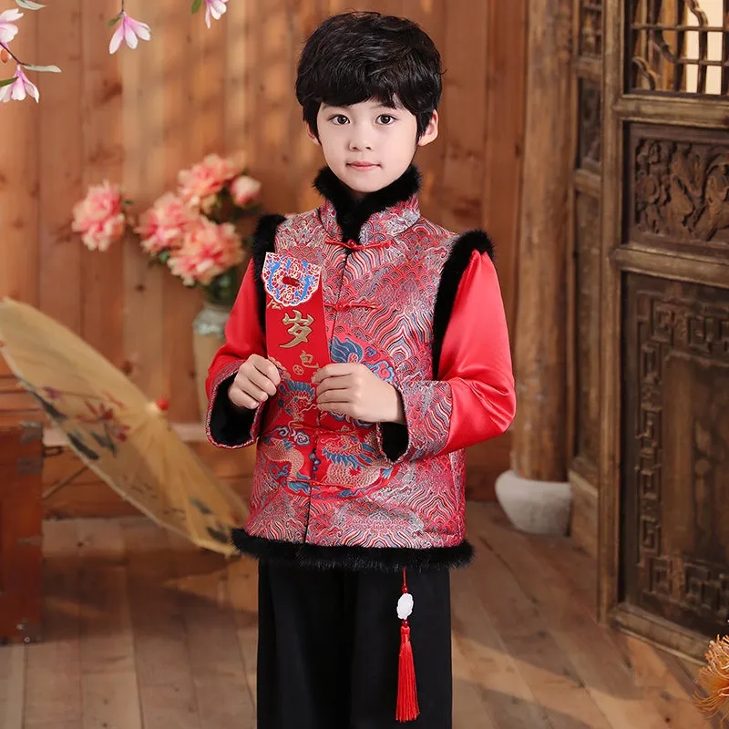 Dragon & Phoenix Pattern Brocade Fur Edge Chinese Style Boy's Wadded Suit