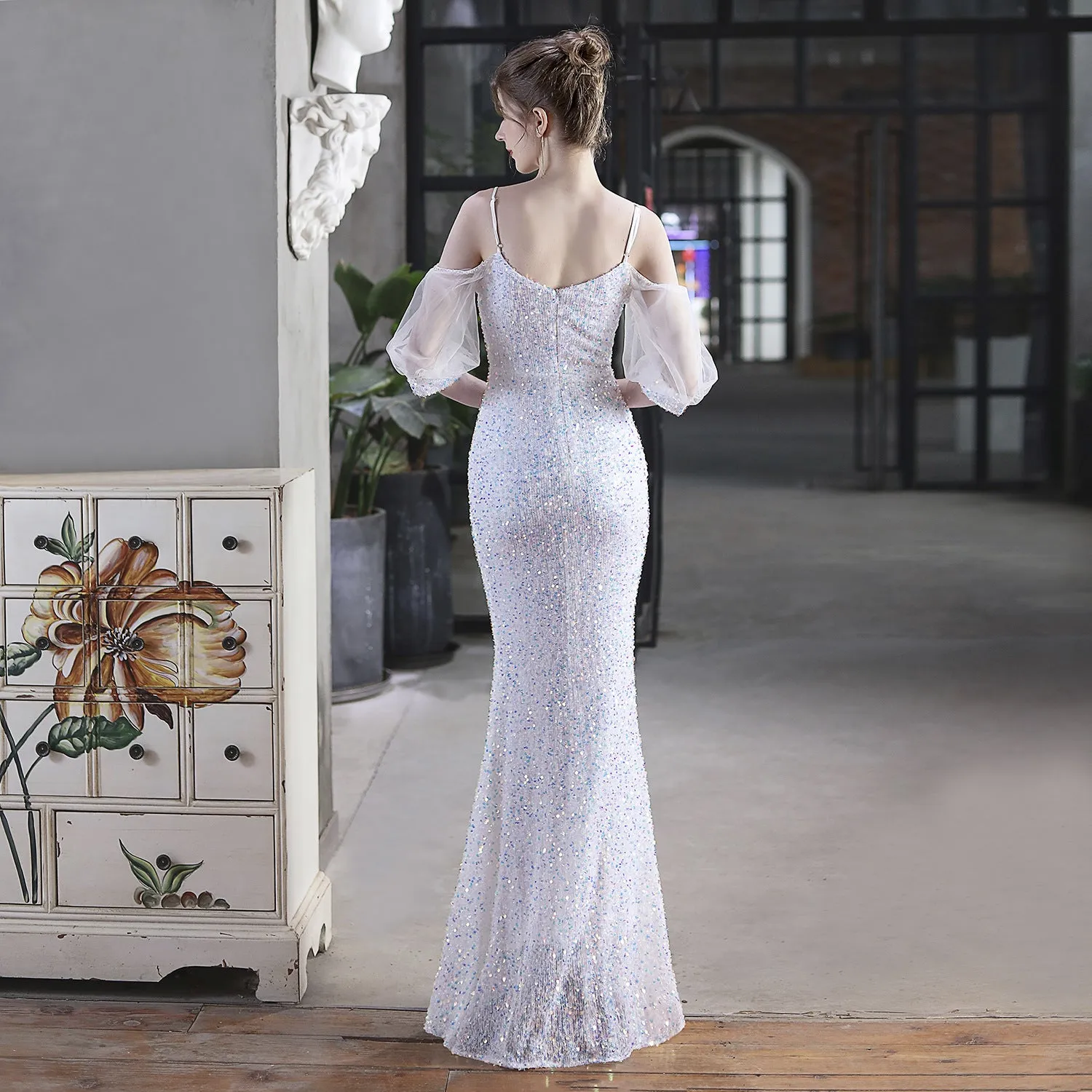 Elegant Colorful Sequin 3/4 Sleeve Formal Dress