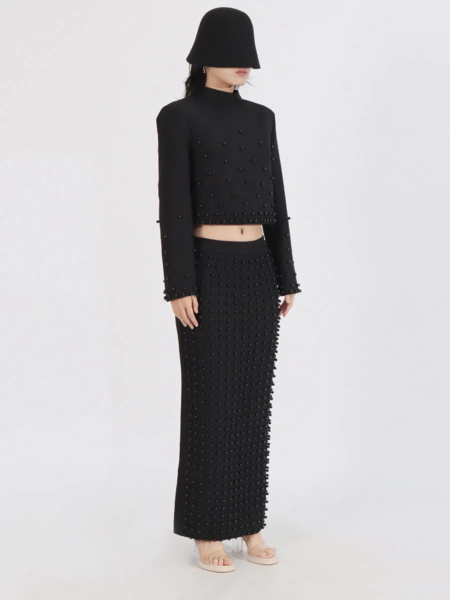 Elegant Long Sleeve Pearls Design Skirt Formal Two-Piece Sets