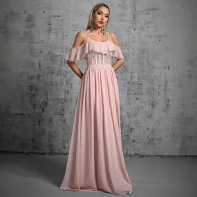 Elegant Ruffle Backless Strap Pink Evening Dress