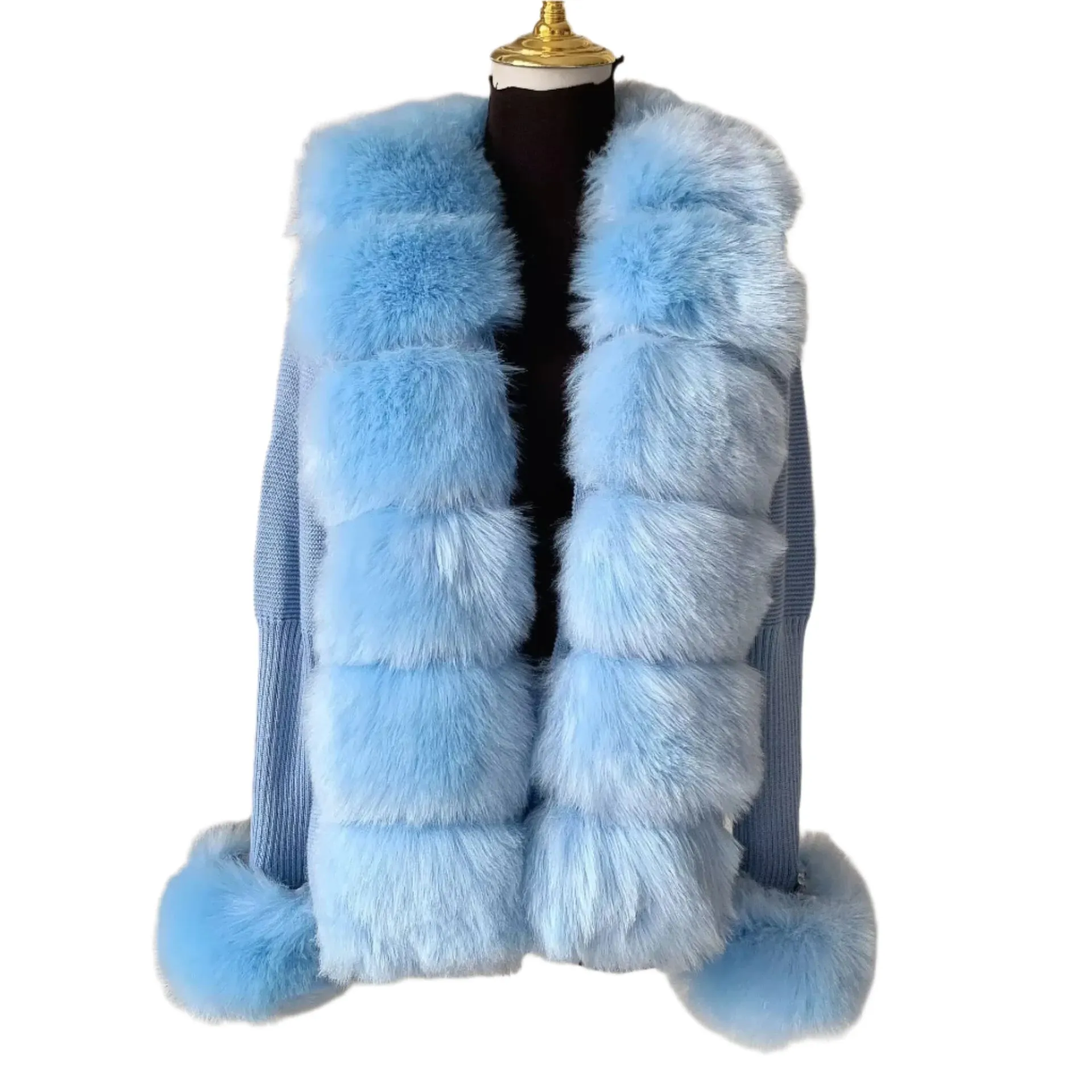 Elegant Women's Faux Fox Fur Collar Cardigan – Knitted Sweater Coat, Spring/Autumn Fashion