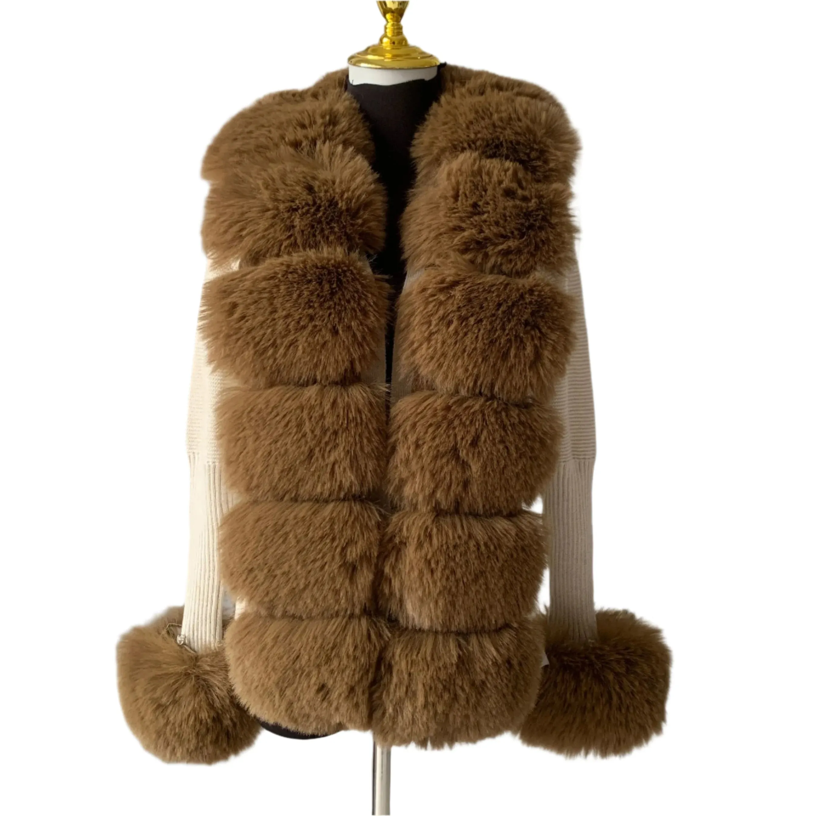 Elegant Women's Faux Fox Fur Collar Cardigan – Knitted Sweater Coat, Spring/Autumn Fashion