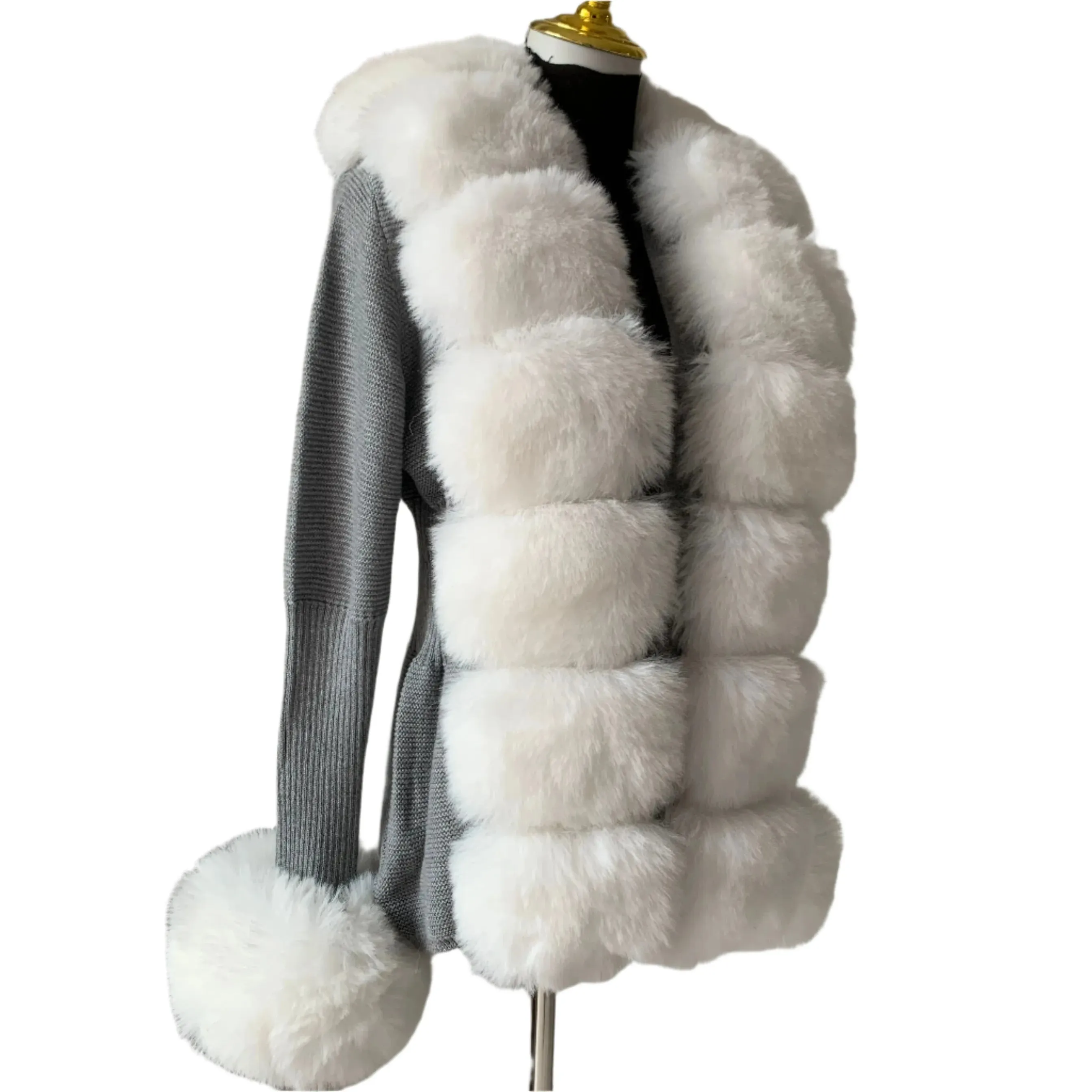 Elegant Women's Faux Fox Fur Collar Cardigan – Knitted Sweater Coat, Spring/Autumn Fashion