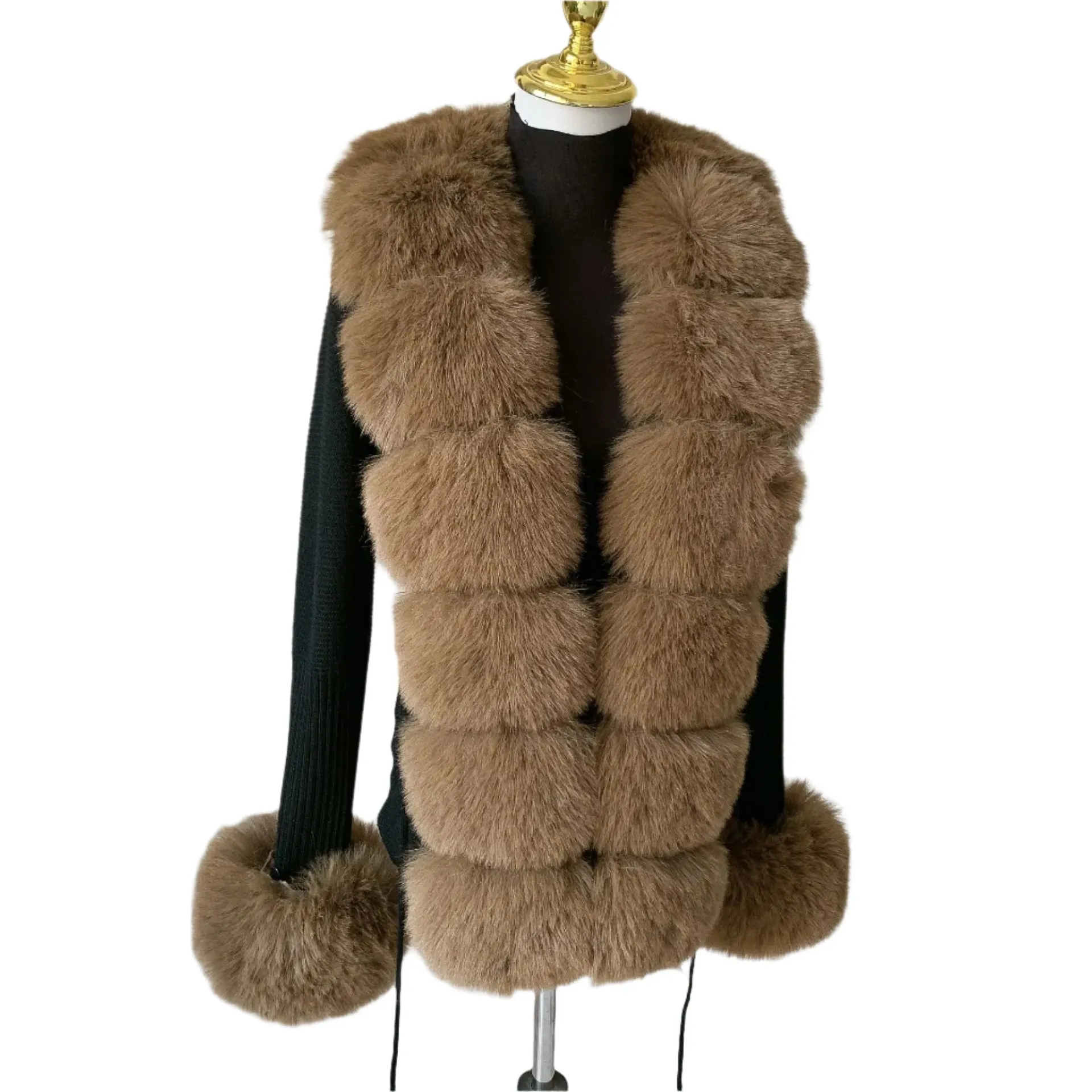 Elegant Women's Faux Fox Fur Collar Cardigan – Knitted Sweater Coat, Spring/Autumn Fashion