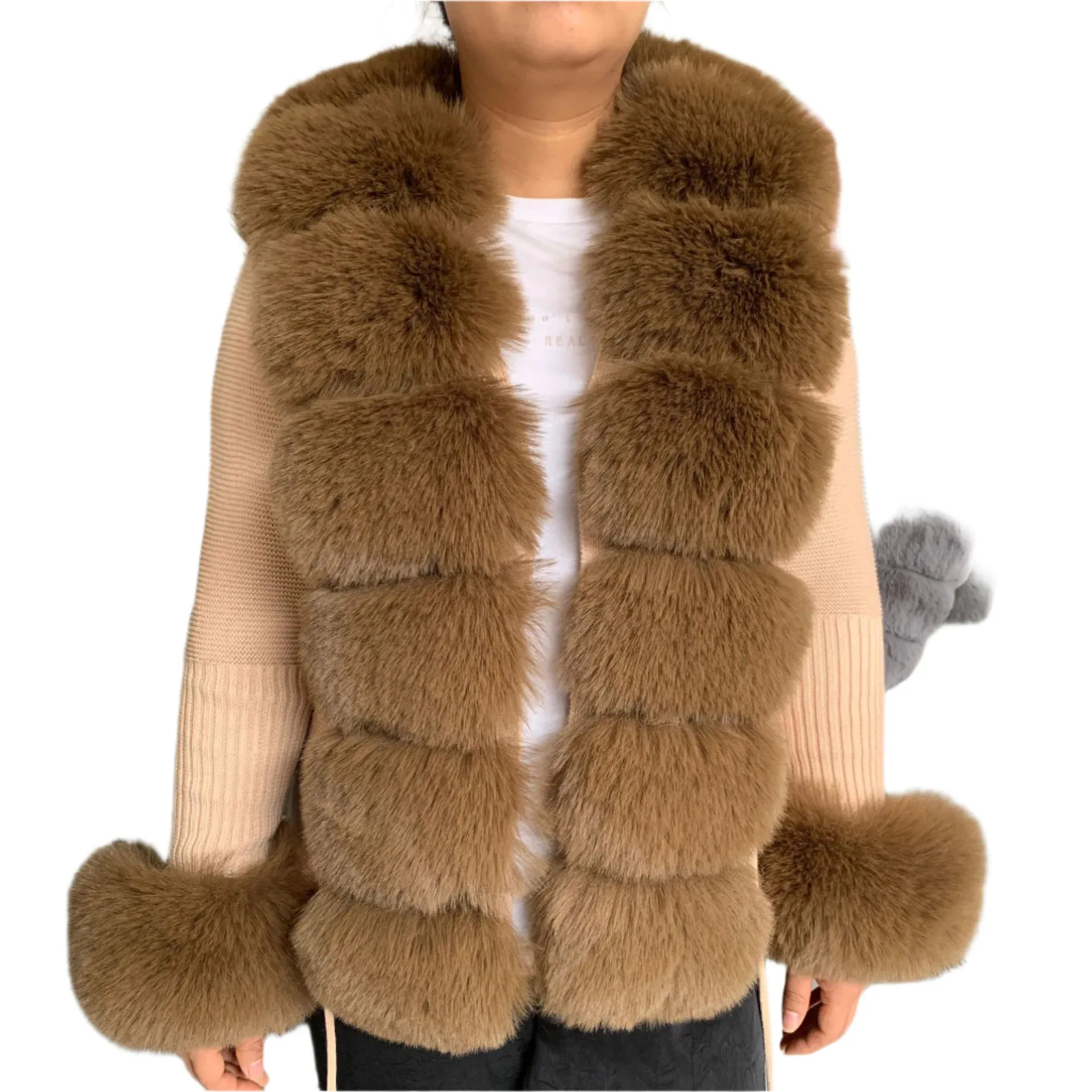 Elegant Women's Faux Fox Fur Collar Cardigan – Knitted Sweater Coat, Spring/Autumn Fashion