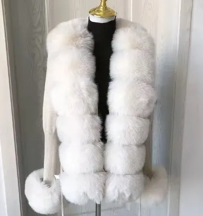 Elegant Women's Faux Fox Fur Collar Cardigan – Knitted Sweater Coat, Spring/Autumn Fashion