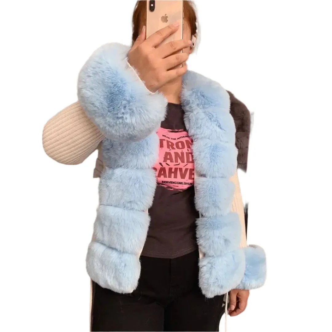 Elegant Women's Faux Fox Fur Collar Cardigan – Knitted Sweater Coat, Spring/Autumn Fashion
