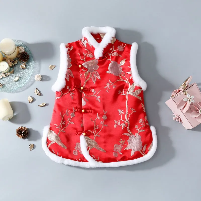 Floral Brocade Fur Edge Cheongsam Top Chinese Wadded Waistcoat Vest