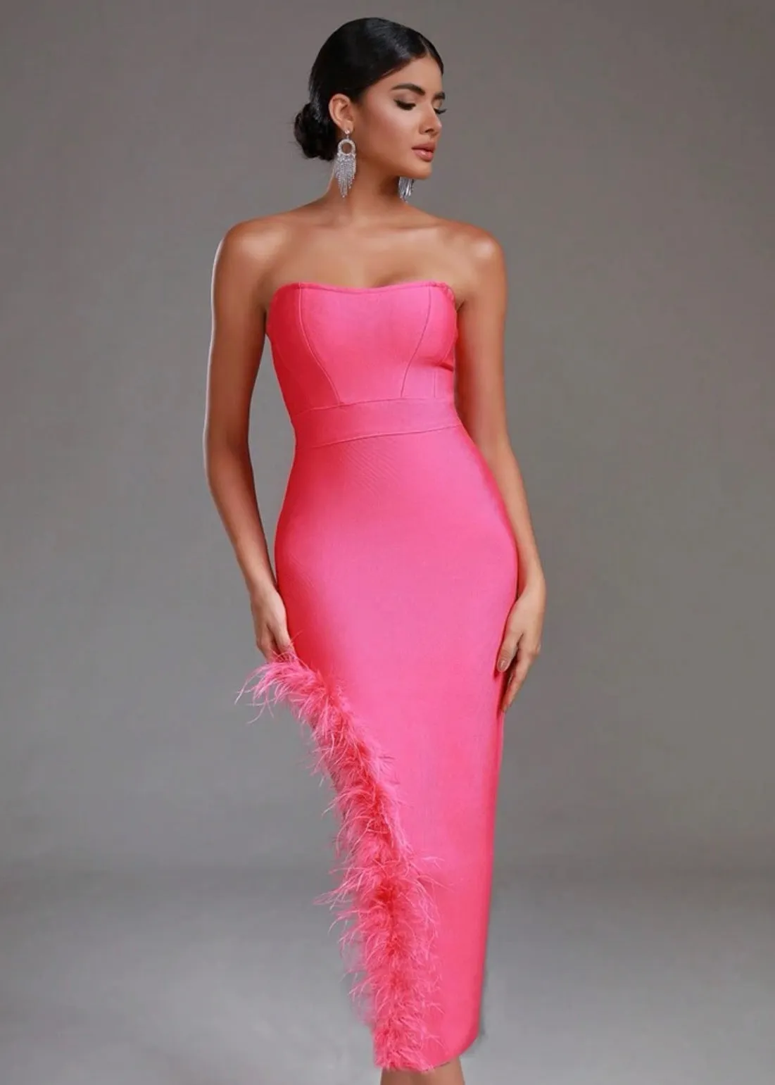 Fuzzy Trim Split Thigh Tube Bodycon Dress