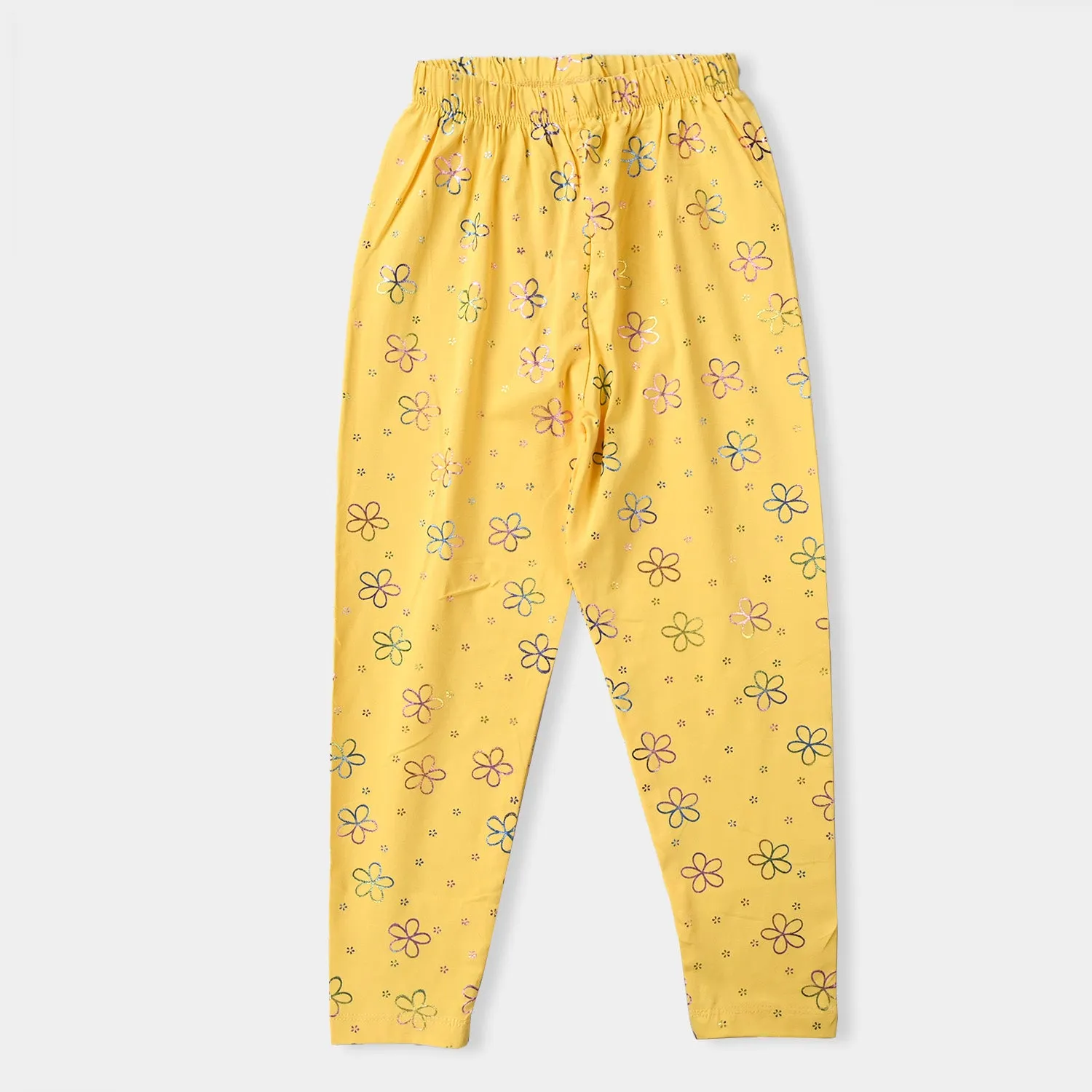 Girls Lycra Jersey Tights Printed Multi Flowers-Yellow