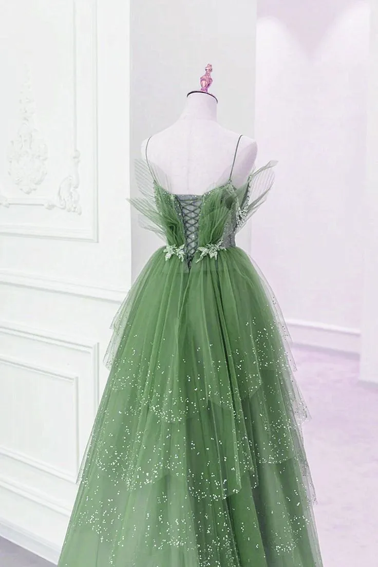 Glam Layers Tulle Straps Beaded Long Party Dress, Long Formal Dress       fg5451