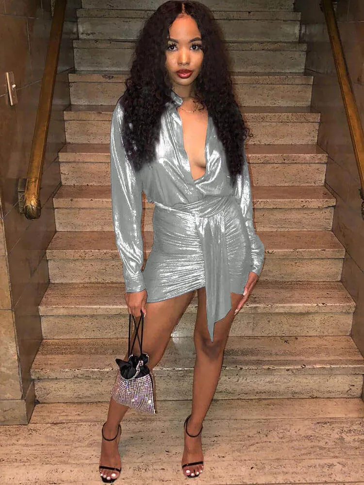 Glitter Lantern Sleeve Cocktail Mini Dresses