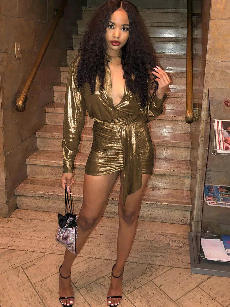 Glitter Lantern Sleeve Cocktail Mini Dresses