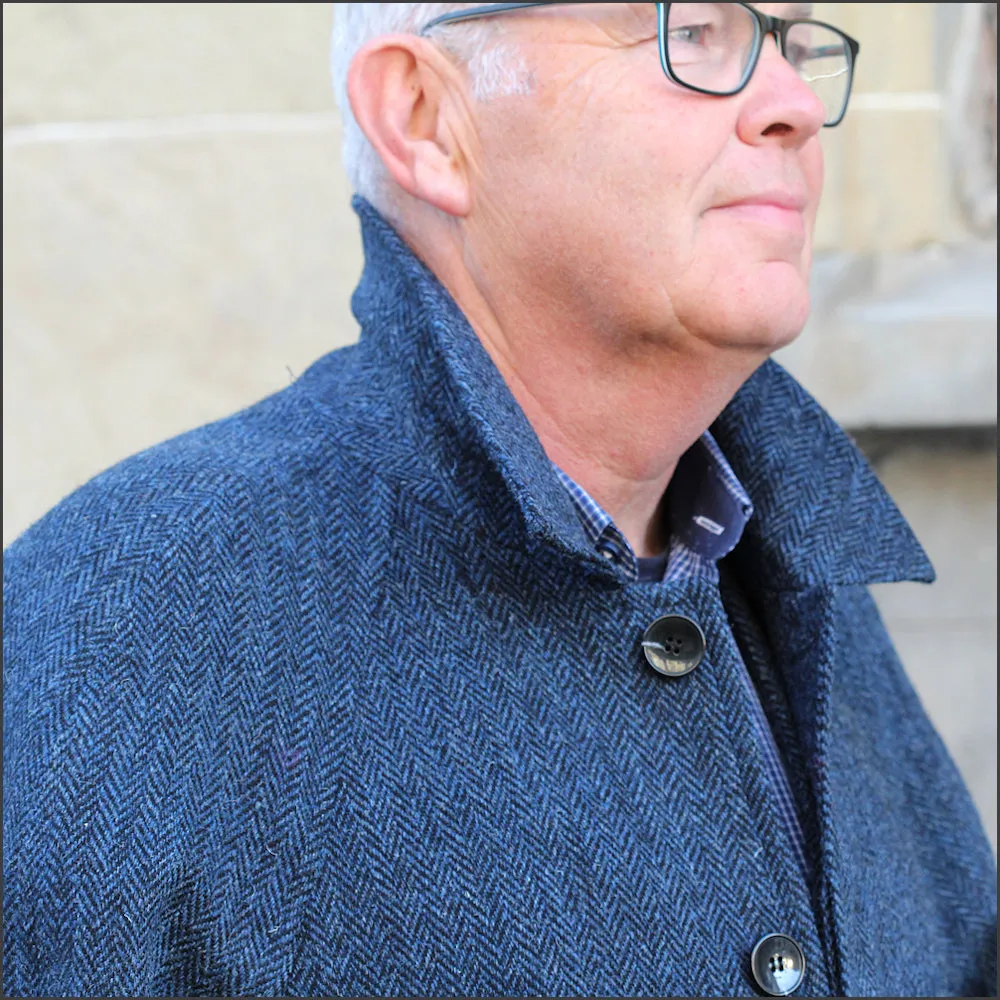 Harris Tweed Dark Blue Herringbone Raglan Overcoat==