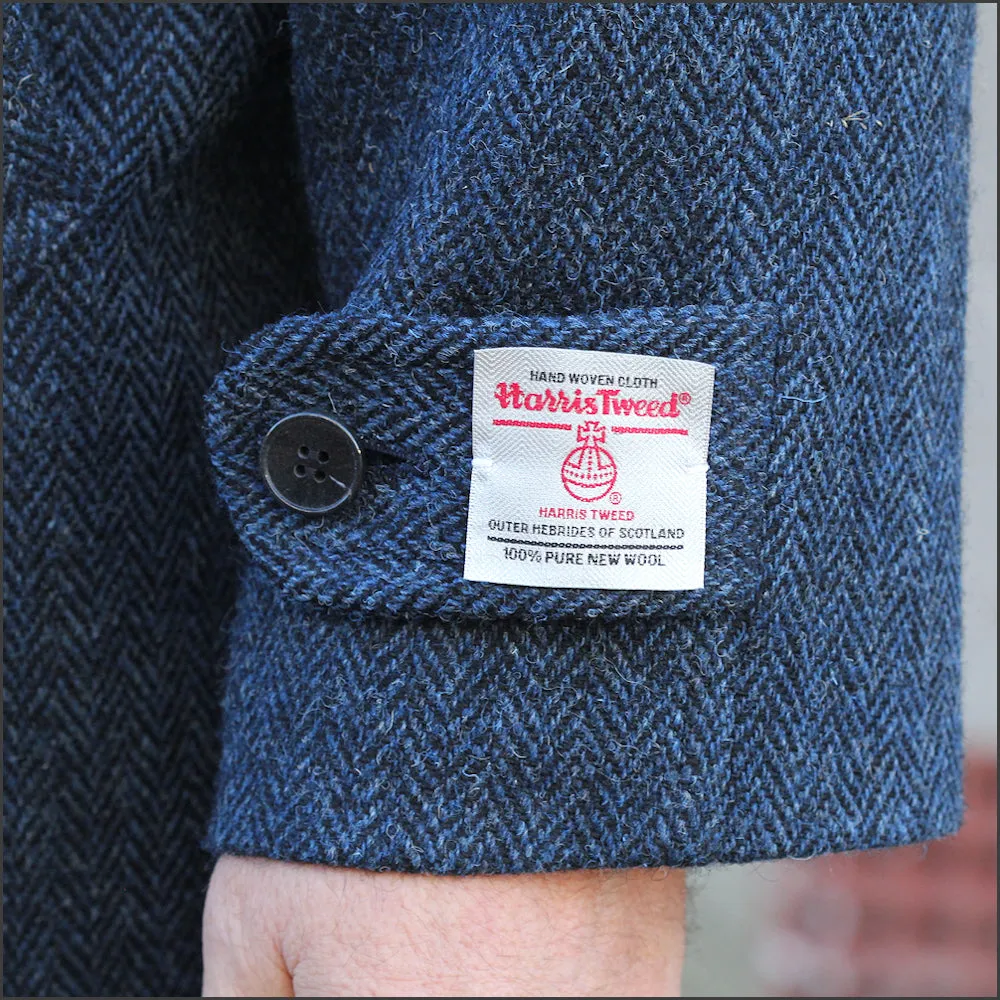 Harris Tweed Dark Blue Herringbone Raglan Overcoat==