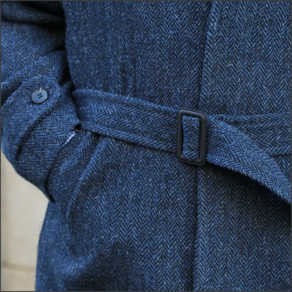 Harris Tweed Dark Blue Herringbone Raglan Overcoat==