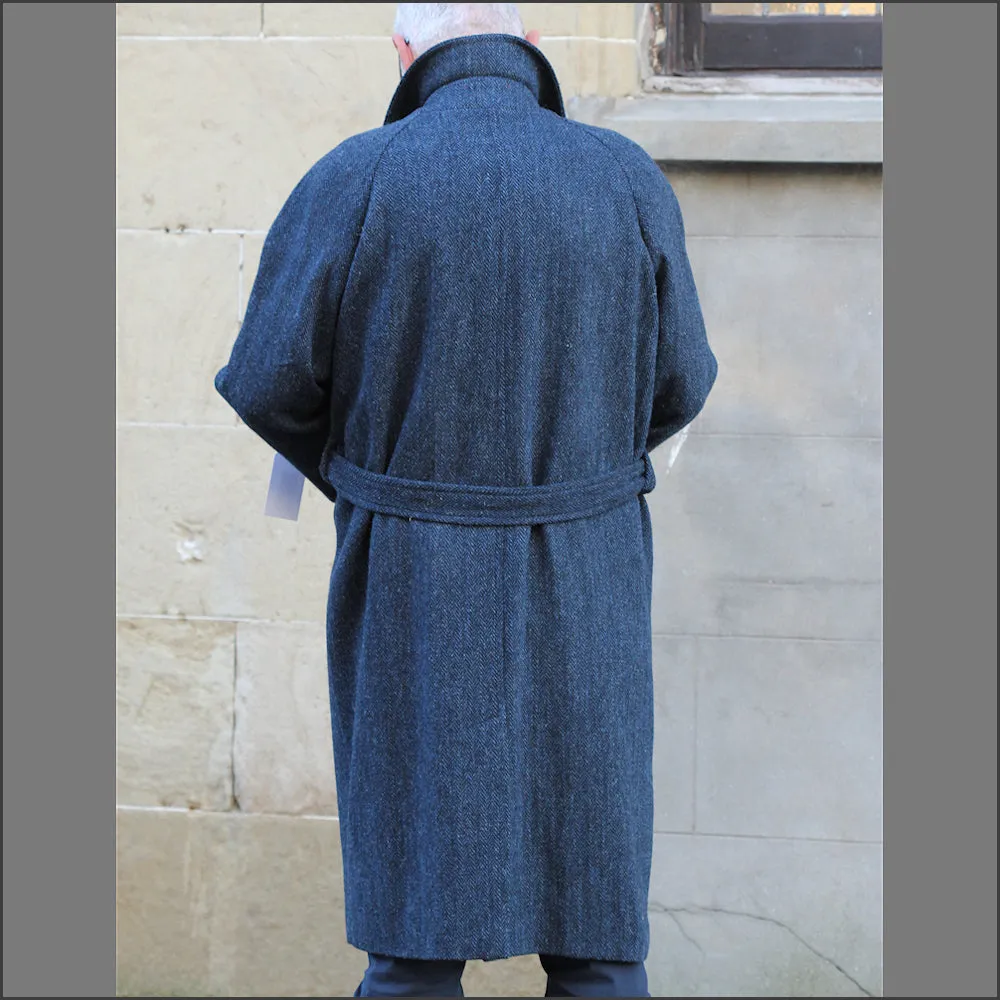 Harris Tweed Dark Blue Herringbone Raglan Overcoat==