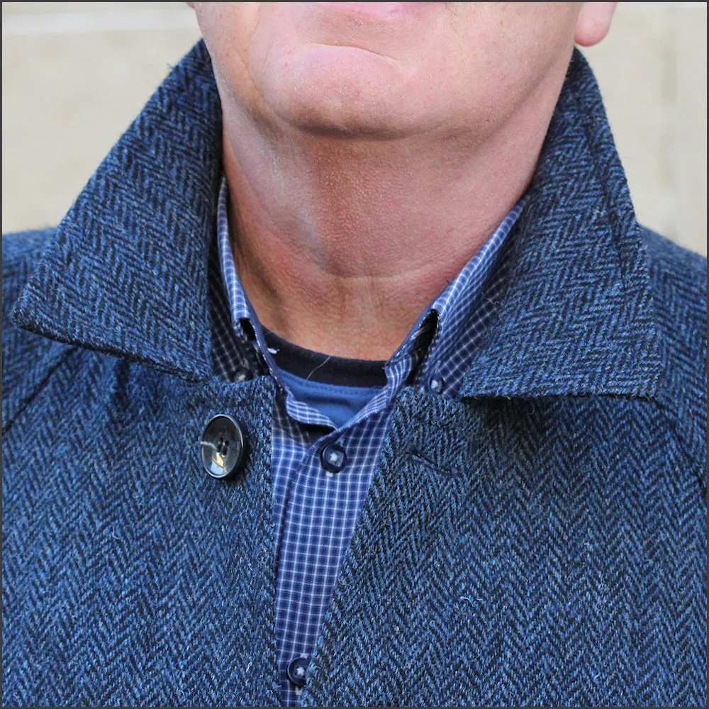 Harris Tweed Dark Blue Herringbone Raglan Overcoat==