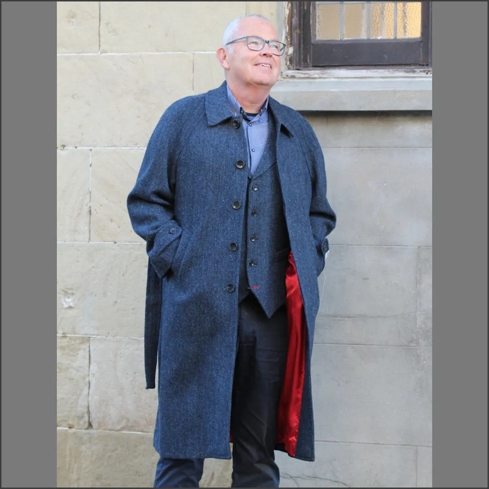 Harris Tweed Dark Blue Herringbone Raglan Overcoat==