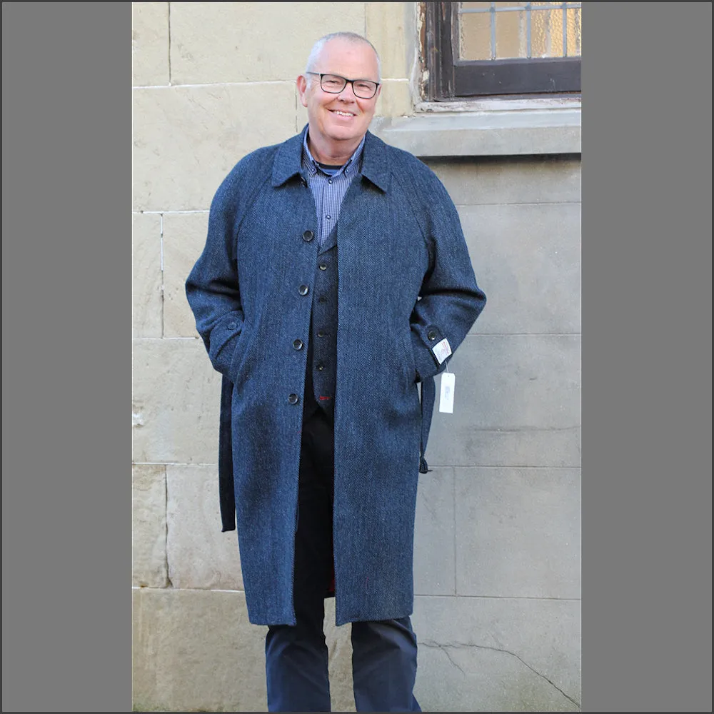 Harris Tweed Dark Blue Herringbone Raglan Overcoat==