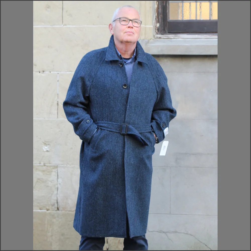 Harris Tweed Dark Blue Herringbone Raglan Overcoat==