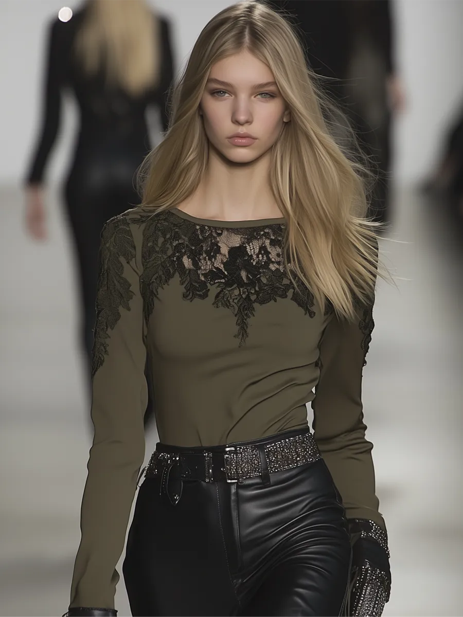High-End Black Lace Stitching Army Green Shirt