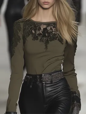 High-End Black Lace Stitching Army Green Shirt