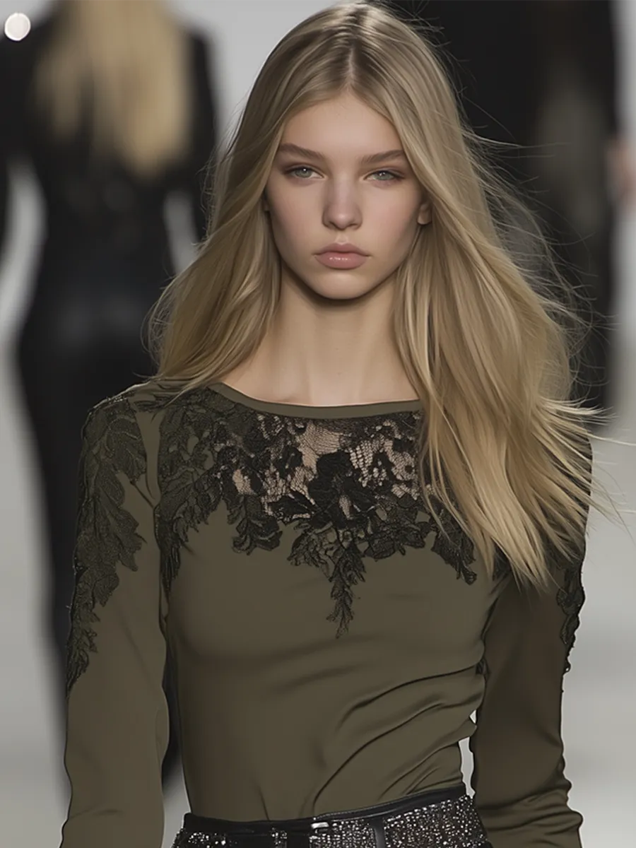 High-End Black Lace Stitching Army Green Shirt