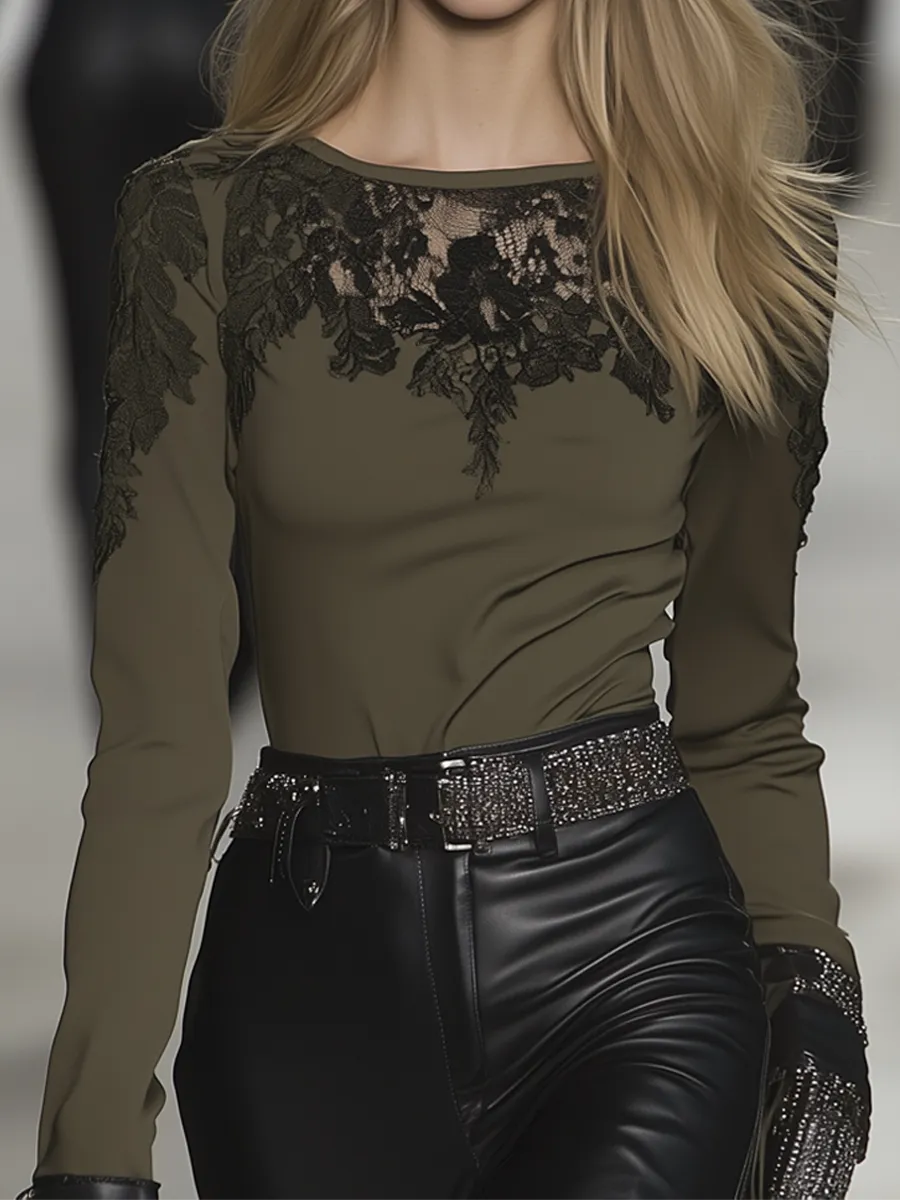 High-End Black Lace Stitching Army Green Shirt