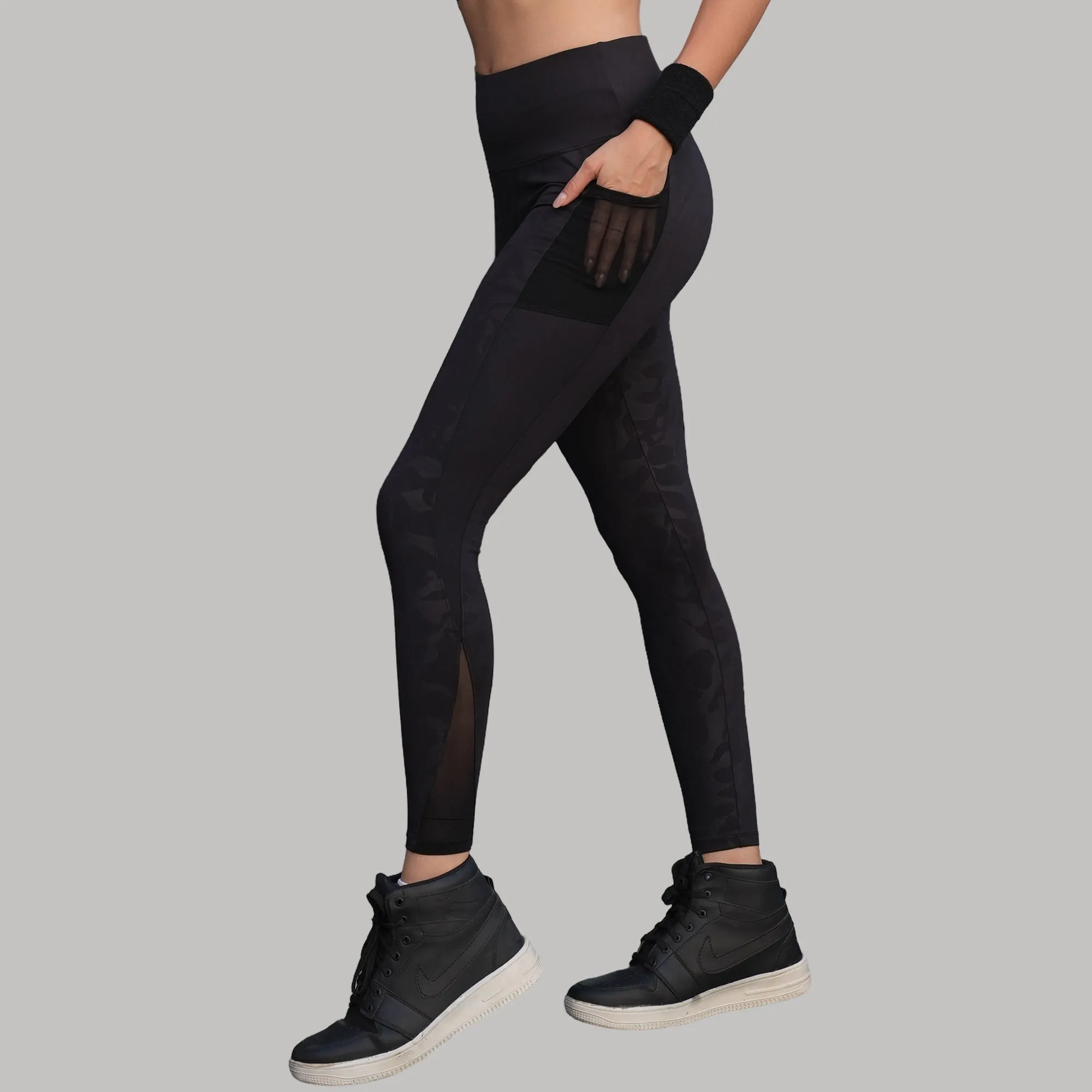 High-Waist Ankle-Length Comprassion Quick Dry Embossed Sports Leggings-At-13