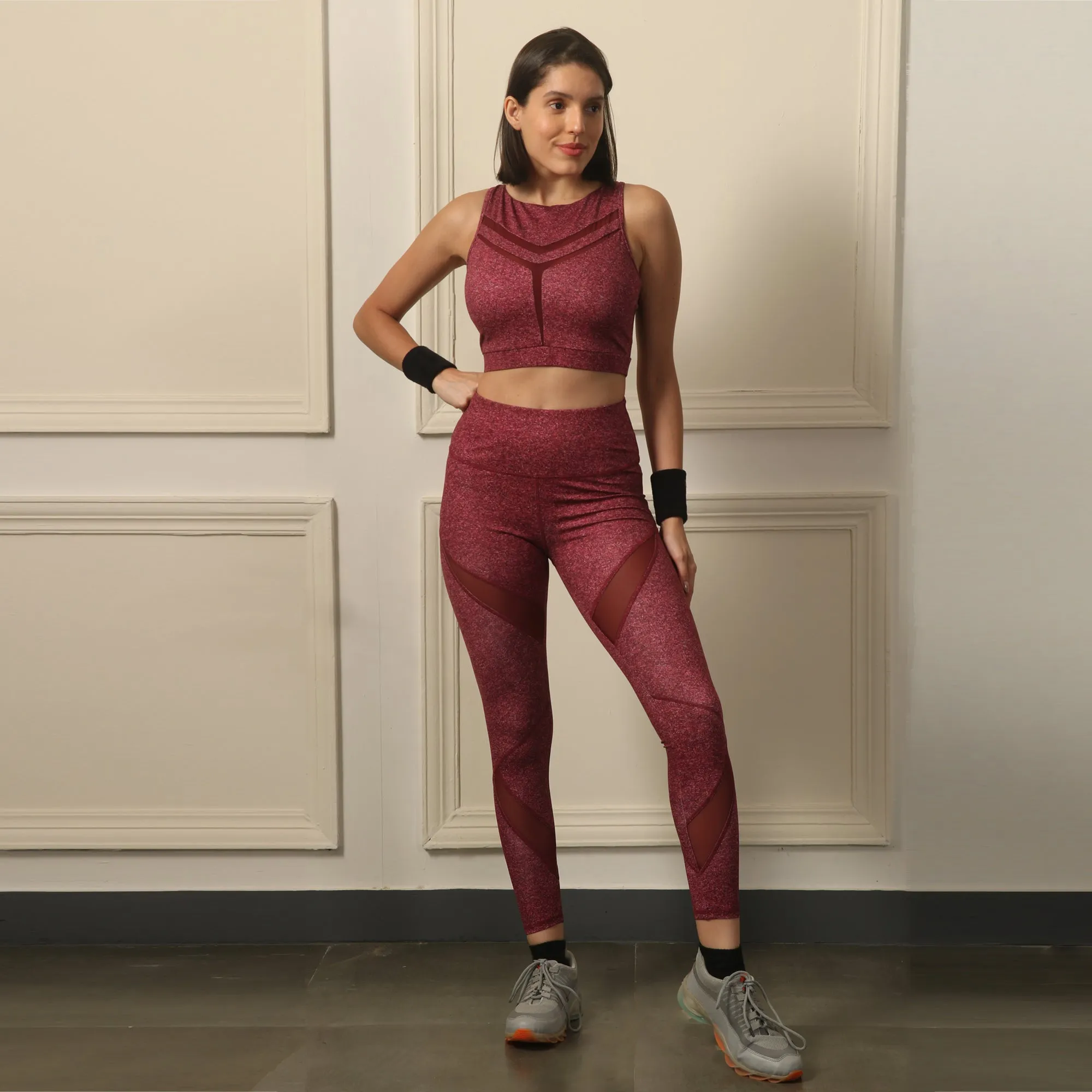 High Waist Ankle Length Sports Leggings with Mesh Panel and Quick Dry-AT-10