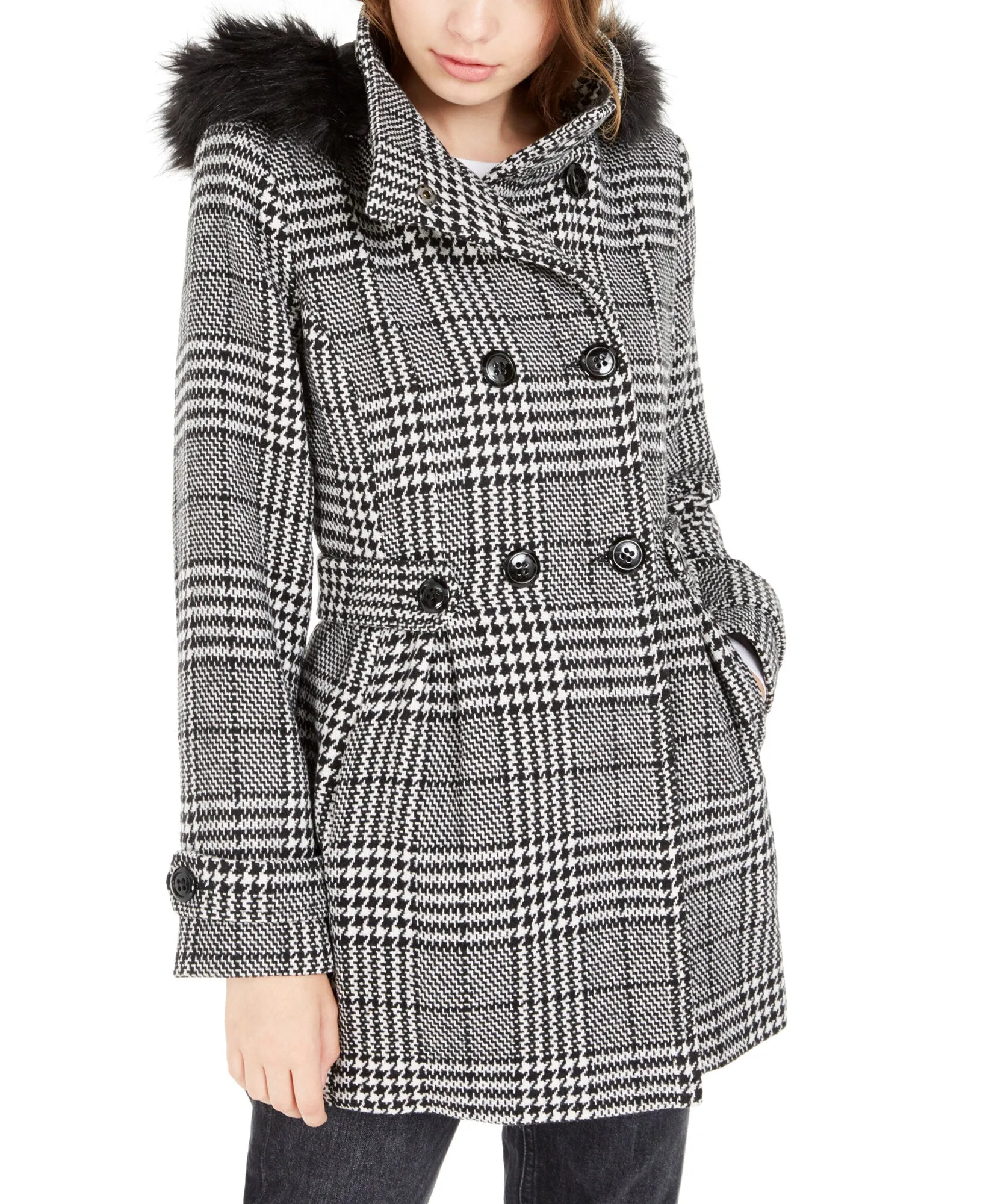 Juniors' Faux-Fur Trim Plaid Coat