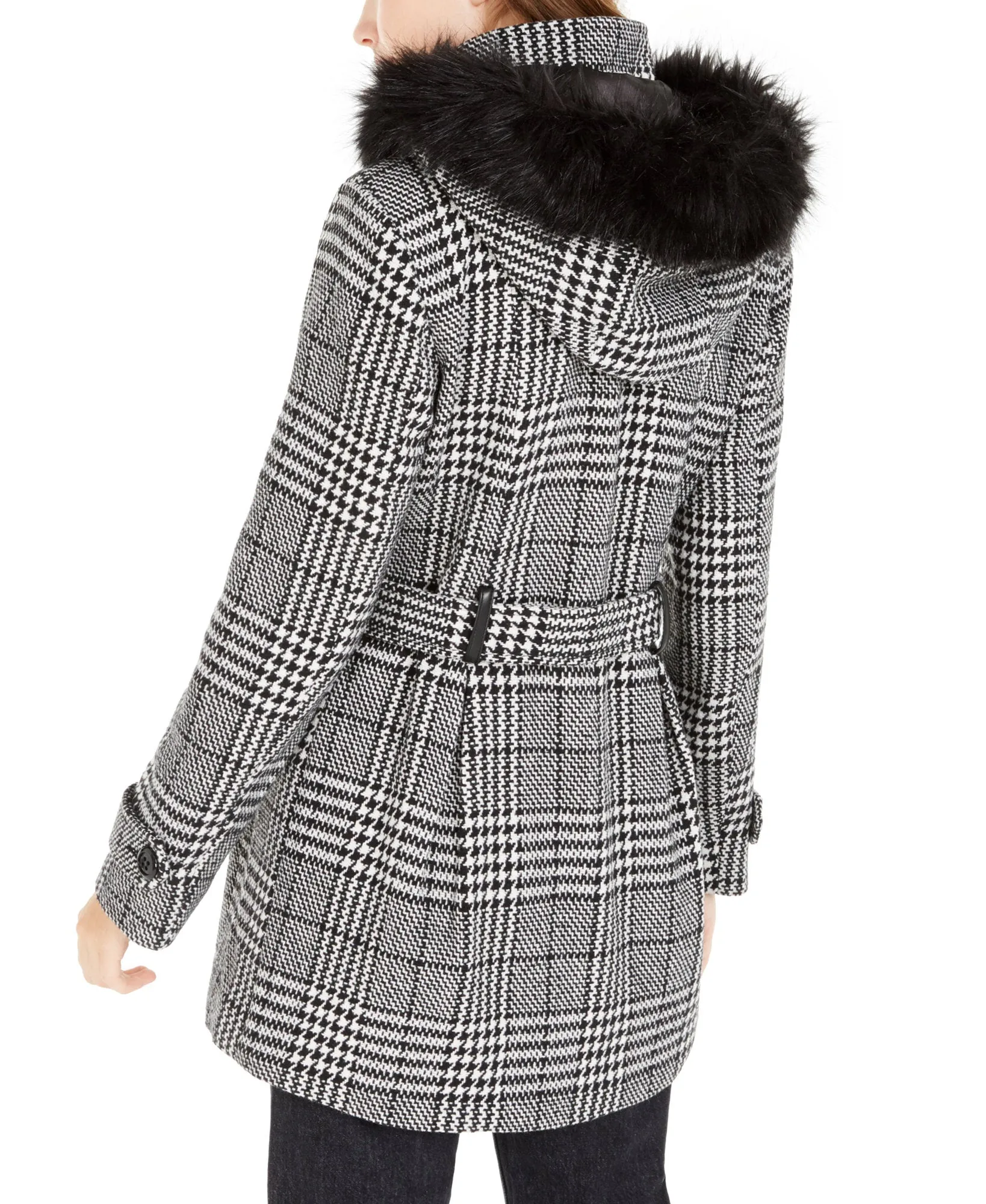 Juniors' Faux-Fur Trim Plaid Coat