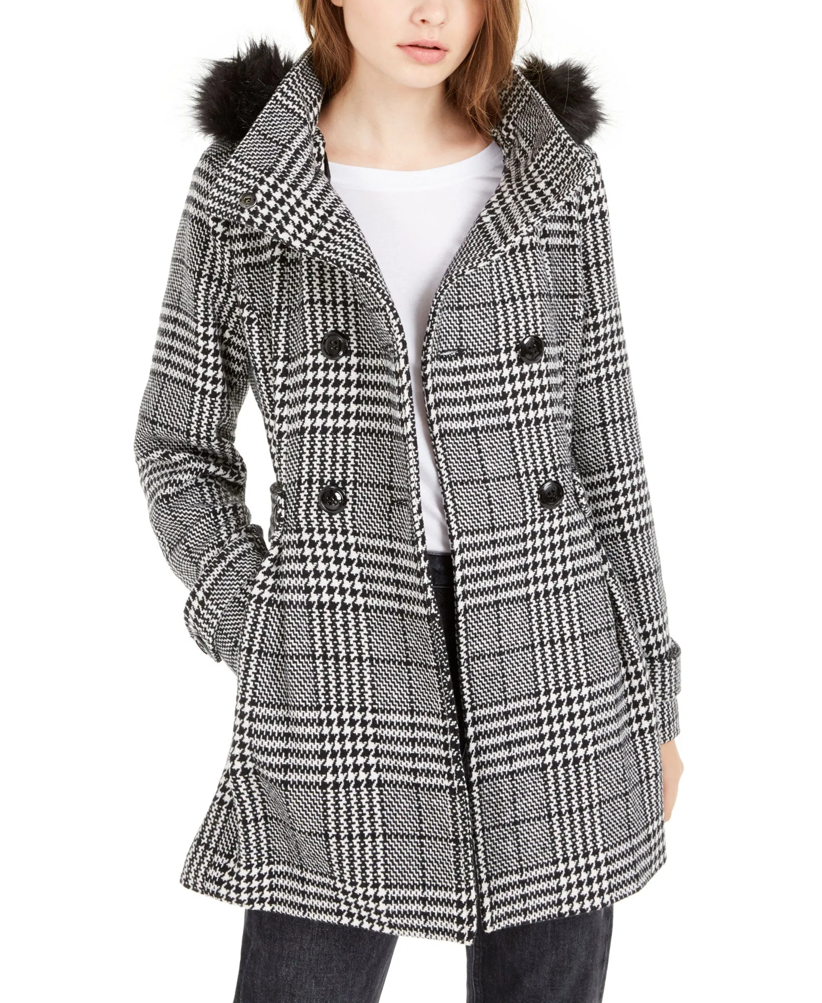 Juniors' Faux-Fur Trim Plaid Coat
