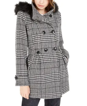 Juniors' Faux-Fur Trim Plaid Coat