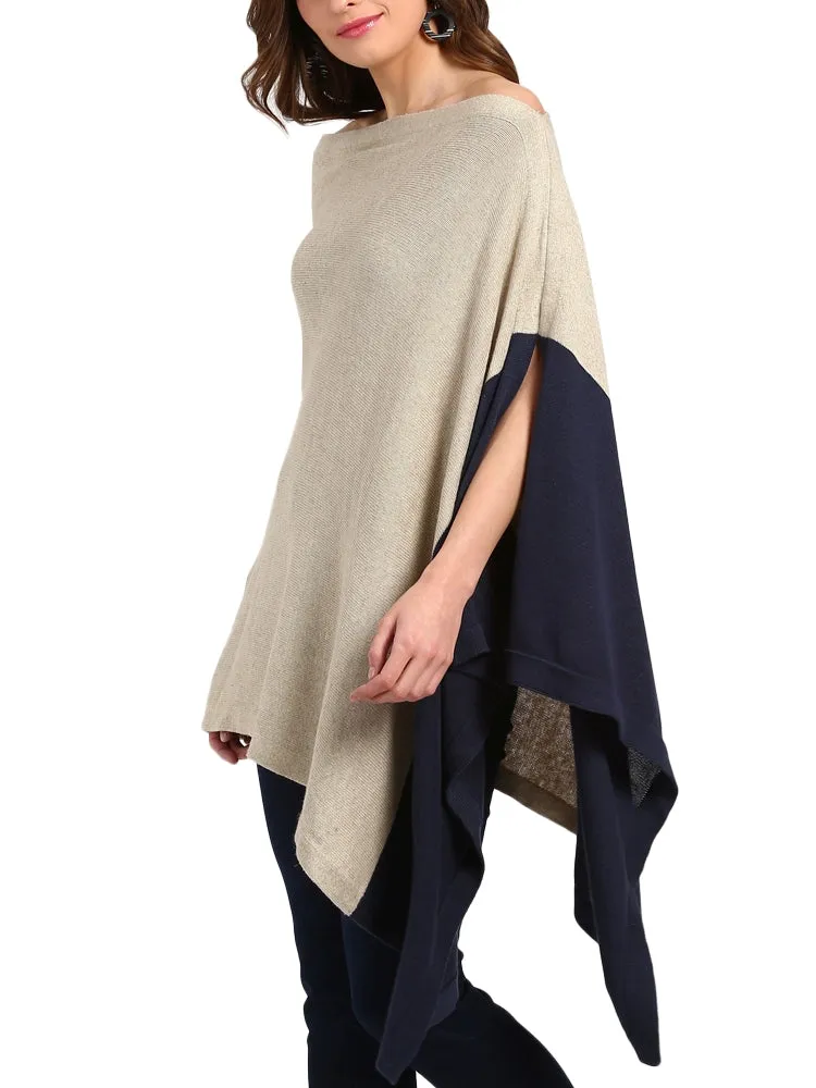 Knitted Linen and Cotton Color Block Poncho