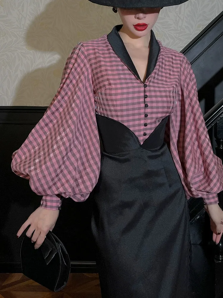 Le Palais Vintage Balloon Sleeve Slim Fit Shirt Black High Waist Slit Pencil Skirt-Ola