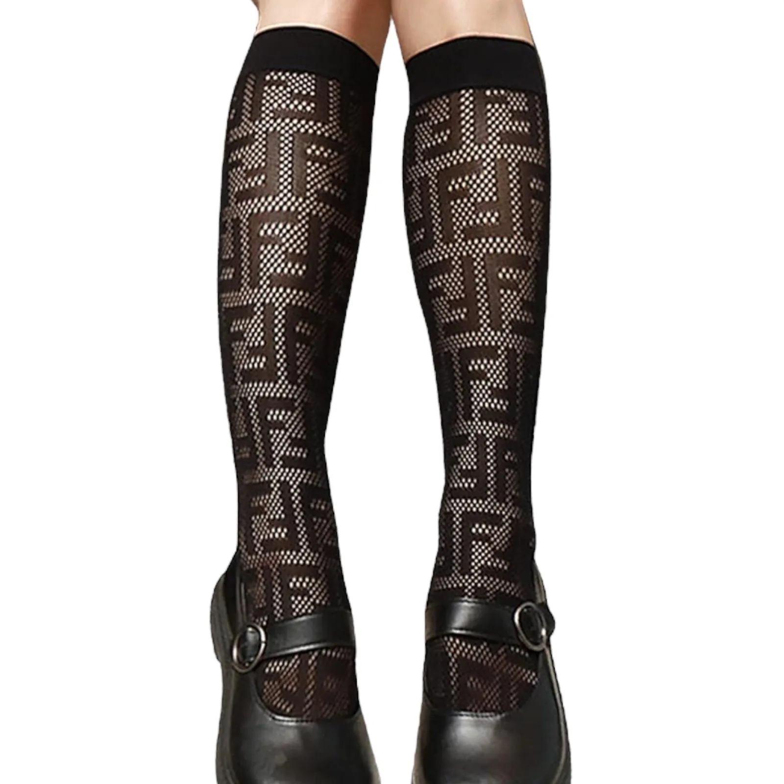Letter F Logo Fishnet Socks - Black