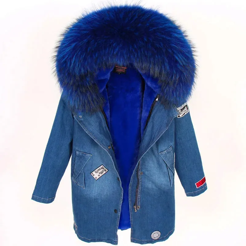 Maomaokong Real Raccoon Fur Coat Fox Collar Denim Coats Winter Jackets Women Parkas Hooded Real Rabbit Fur Liner Women's Jacket