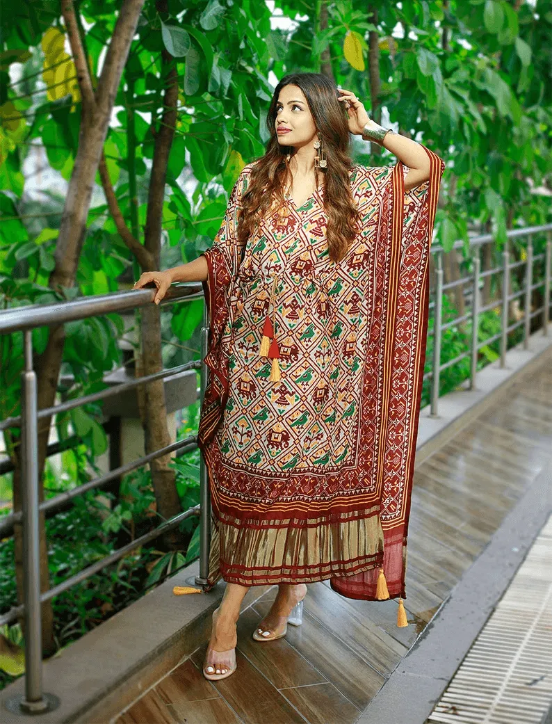 Maroon Gaji Silk Bandhej Kaftan Dress