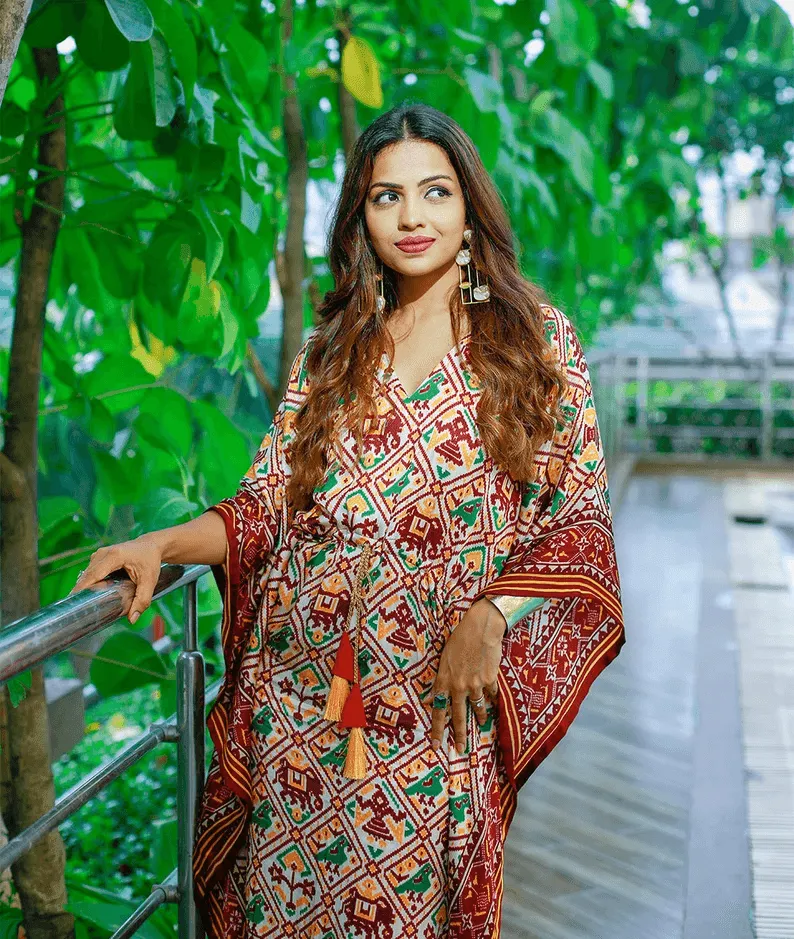 Maroon Gaji Silk Bandhej Kaftan Dress