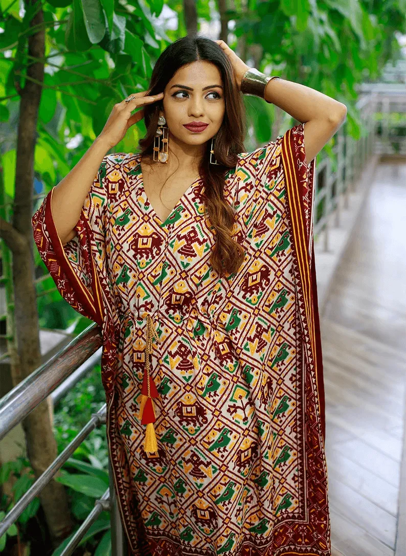 Maroon Gaji Silk Bandhej Kaftan Dress