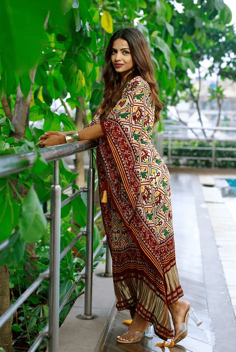 Maroon Gaji Silk Bandhej Kaftan Dress