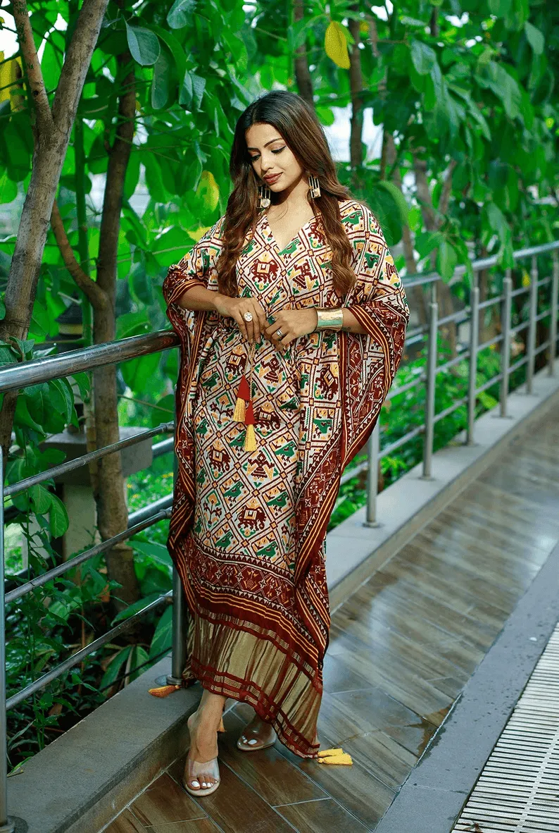 Maroon Gaji Silk Bandhej Kaftan Dress