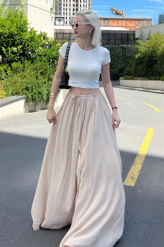 MDX Beige Elastic Waist Slit Long Women's Skirt MG2062 - Kempen