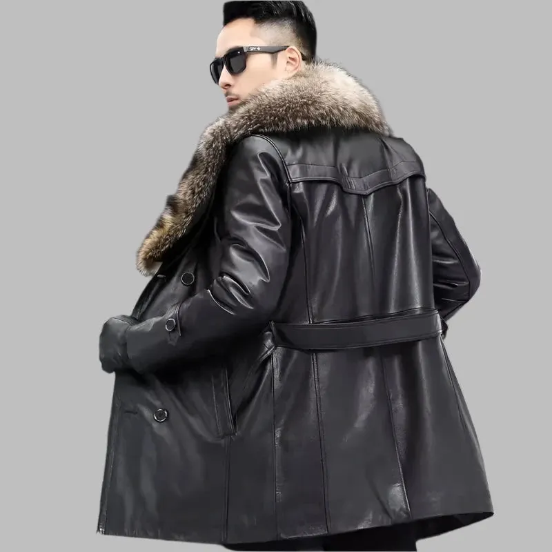 Men's Thick Cowhide Leather Trench Coat with Detachable Down Liner & Raccoon Fur Collar | Belted Autumn & Winter Outerwear